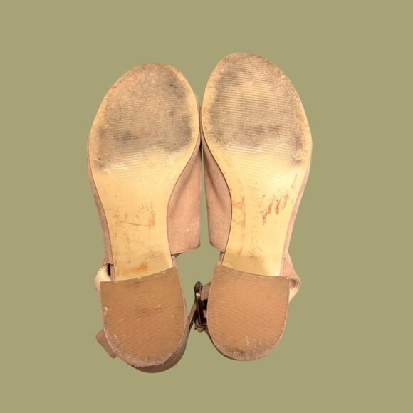 Nine West “Jomei” Peep Toe Block Heel Sandals – Tan Suede Leather (Size 8.5M) - Picture 11 of 11